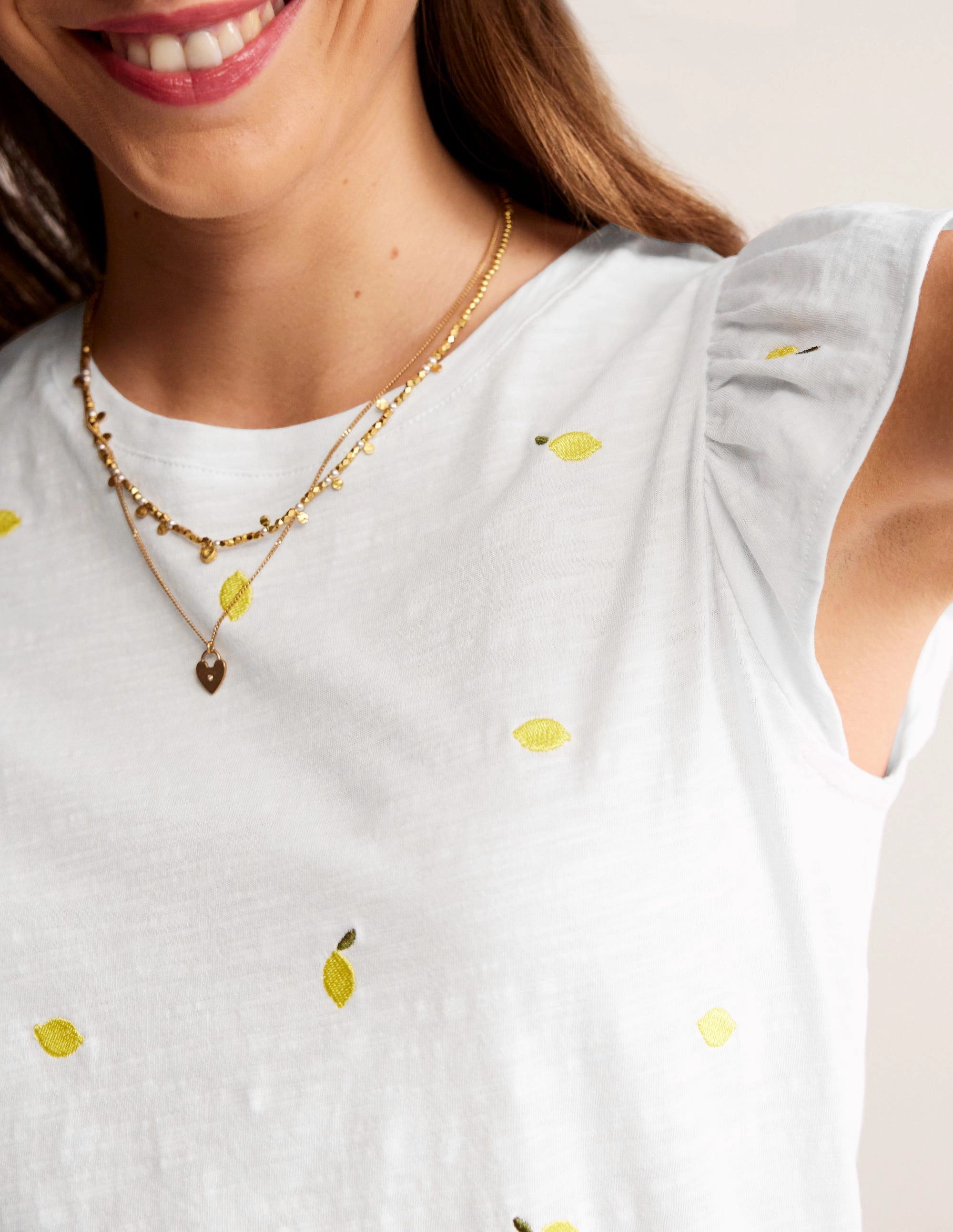 Dora Flutter Sleeve Top-White, Lemons Quick Dry Blend Ergonomic Shoulder Cut