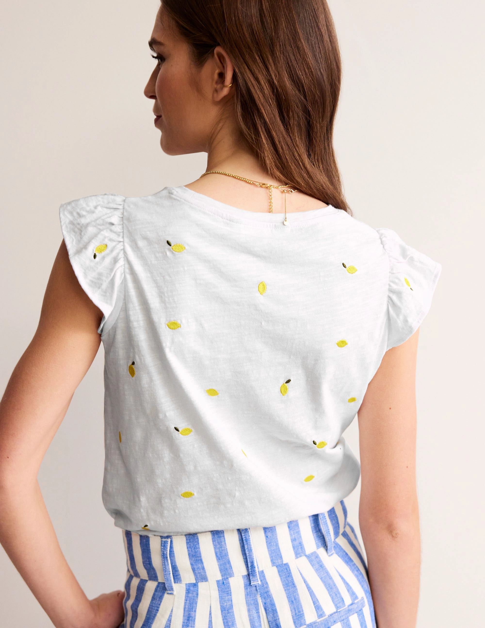 Low Impact Manufacturing EasyCare Fabric Dora Flutter Sleeve Top-White, Lemons