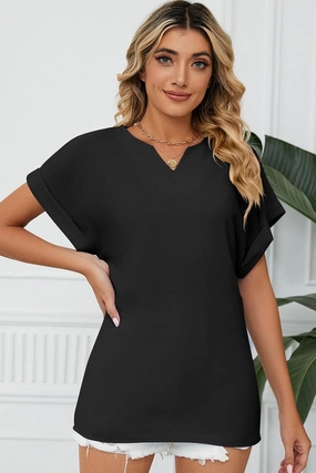 SIMPLE LOOSE FIT ROLL UP SHORT SLEEVE BLOUSE Biodegradable Fiber