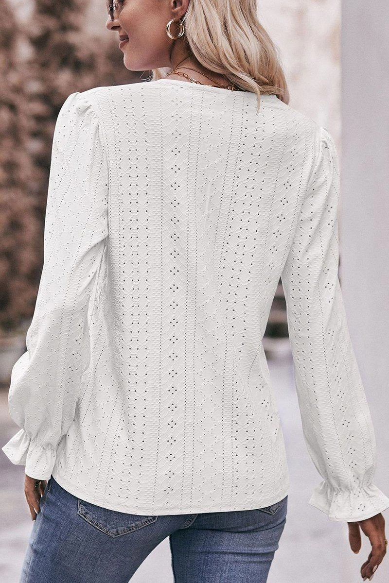 WrinkleResistant Fabric EasyCareFabric WOMEN LACE TRIM V NECK FLARED SLEEVE BLOUSE