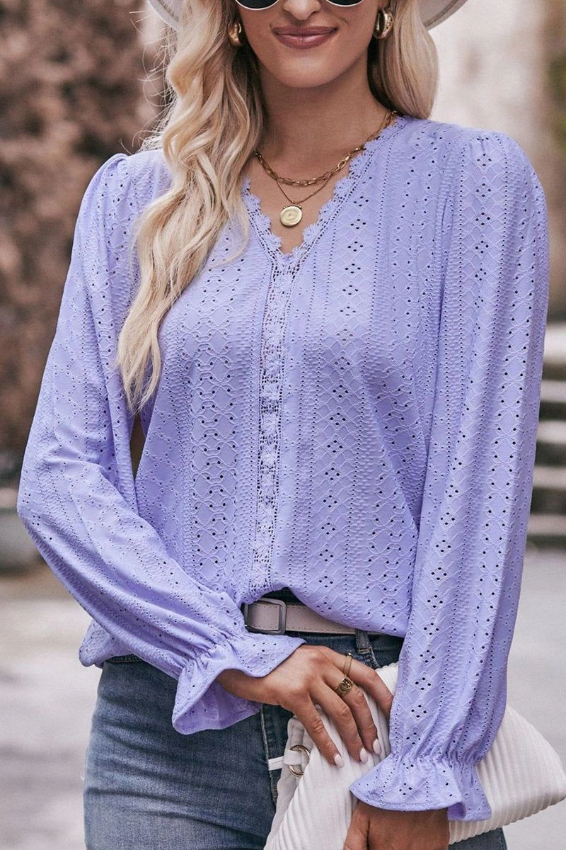 Ultraviolet Protection Finish Recycled Polyester Fabric WOMEN LACE TRIM V NECK FLARED SLEEVE BLOUSE