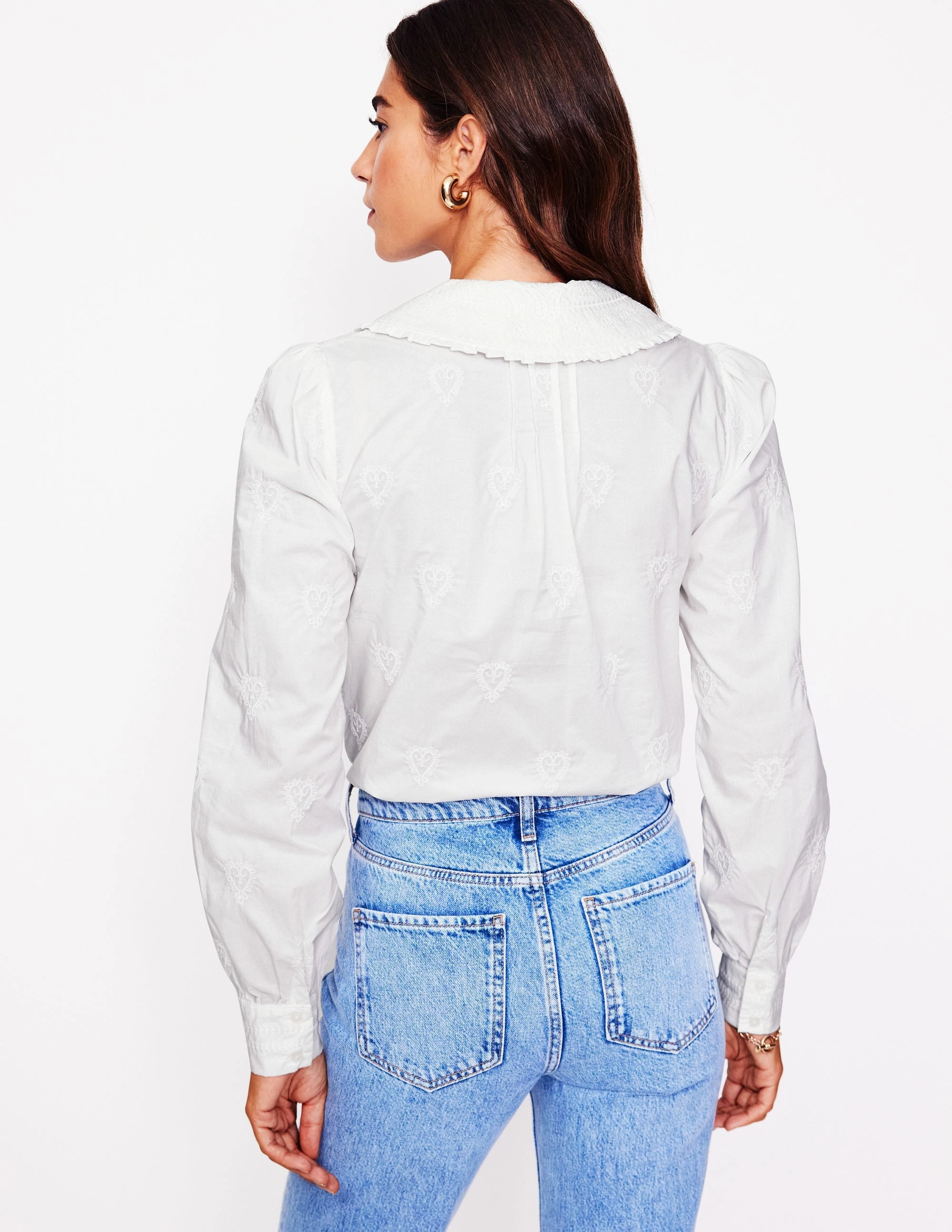 Embroidered Collar Blouse-White anti static coating