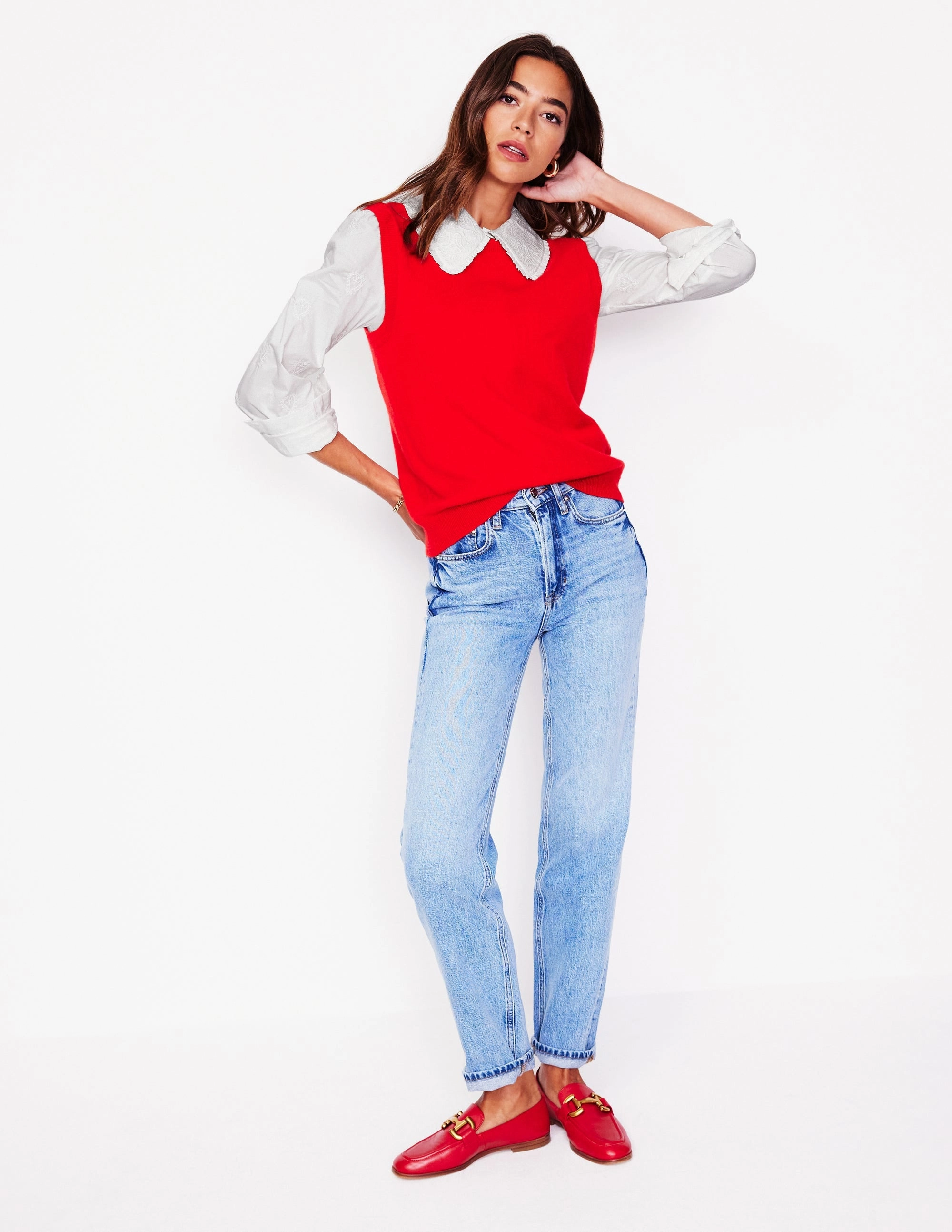 Embroidered Collar Blouse-White LongWearingComfort Neutral Tone Stitching