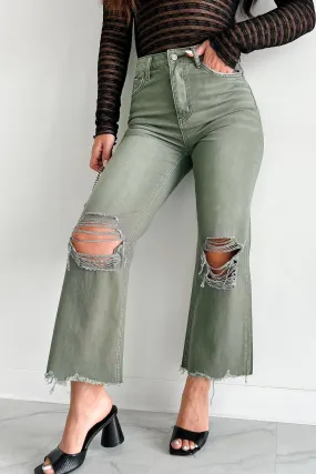 Universal Style Doyle High Rise 90s Vintage Vervet Crop Flare Jeans (Olive)