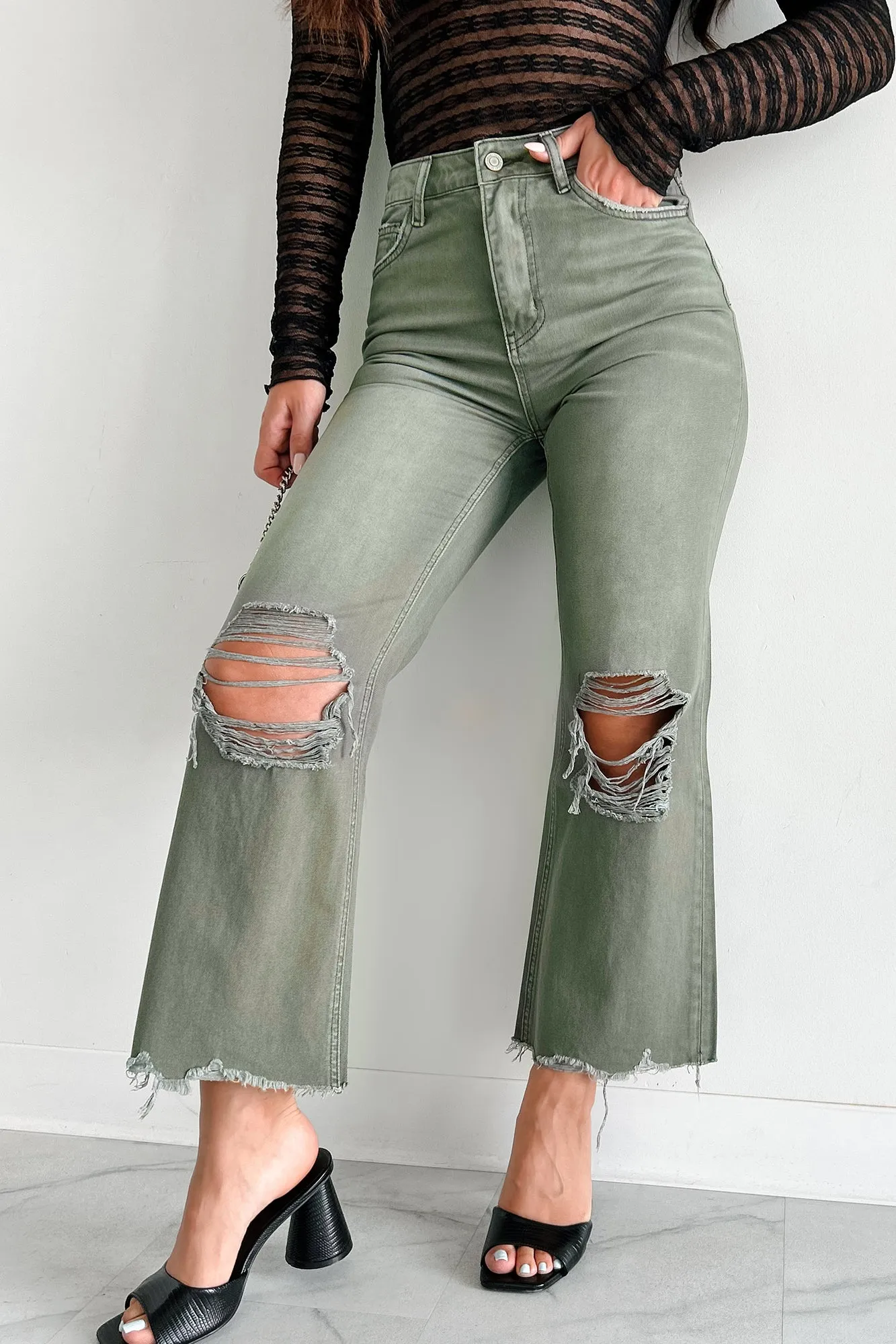 Work Ready Neutral Fit and Comfort Doyle High Rise 90s Vintage Vervet Crop Flare Jeans (Olive)