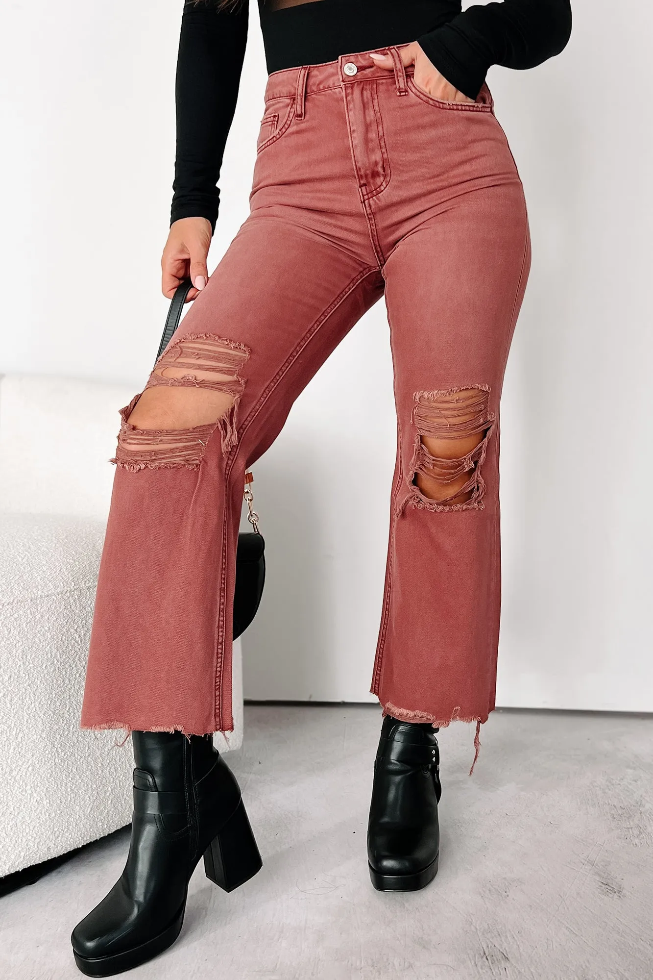 Doyle High Rise 90s Vintage Vervet Crop Flare Jeans (Russet) Tear Resistant Weave