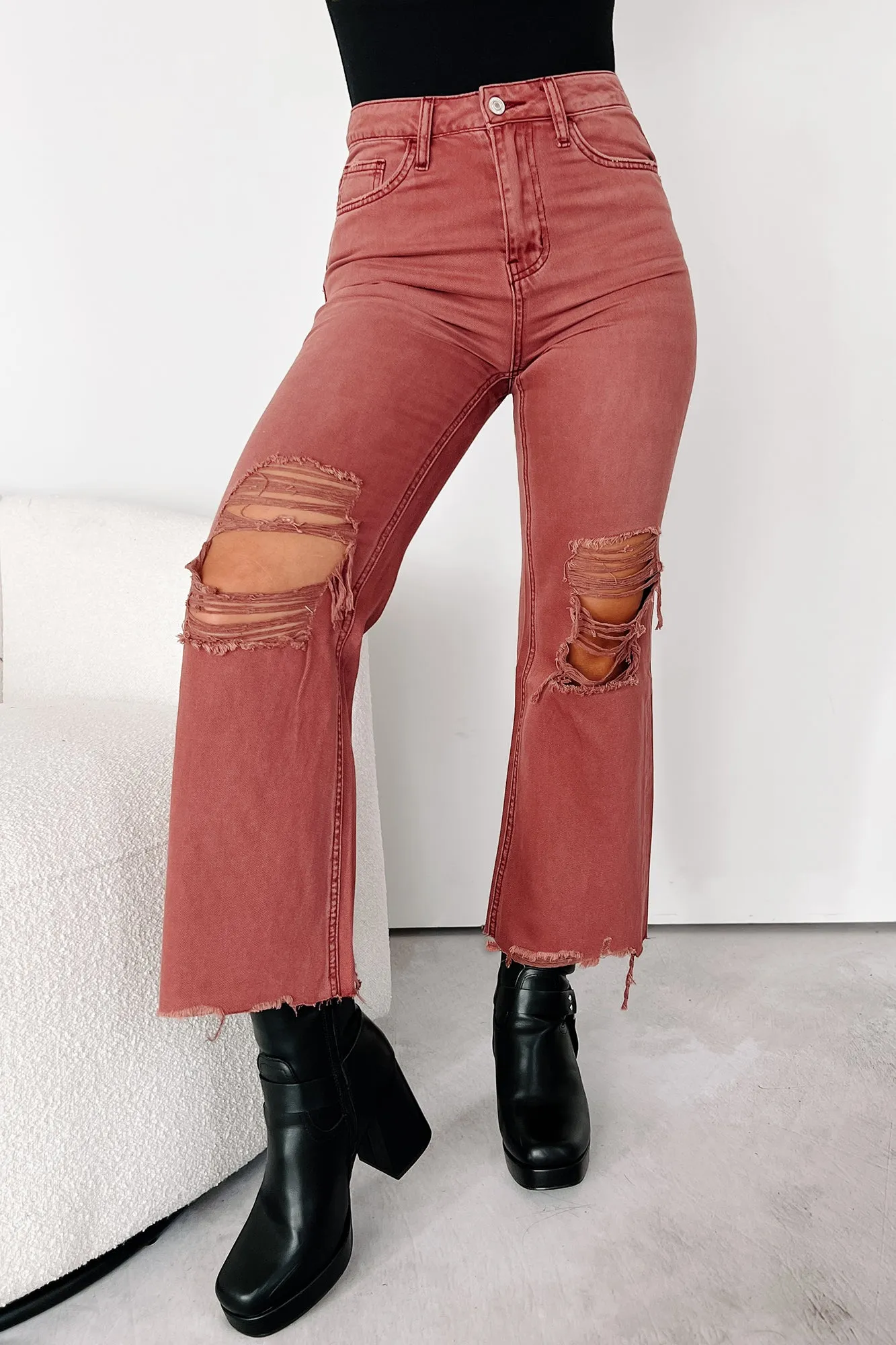 Doyle High Rise 90s Vintage Vervet Crop Flare Jeans (Russet) Urban Casual Vintage Lover Teen Outfit