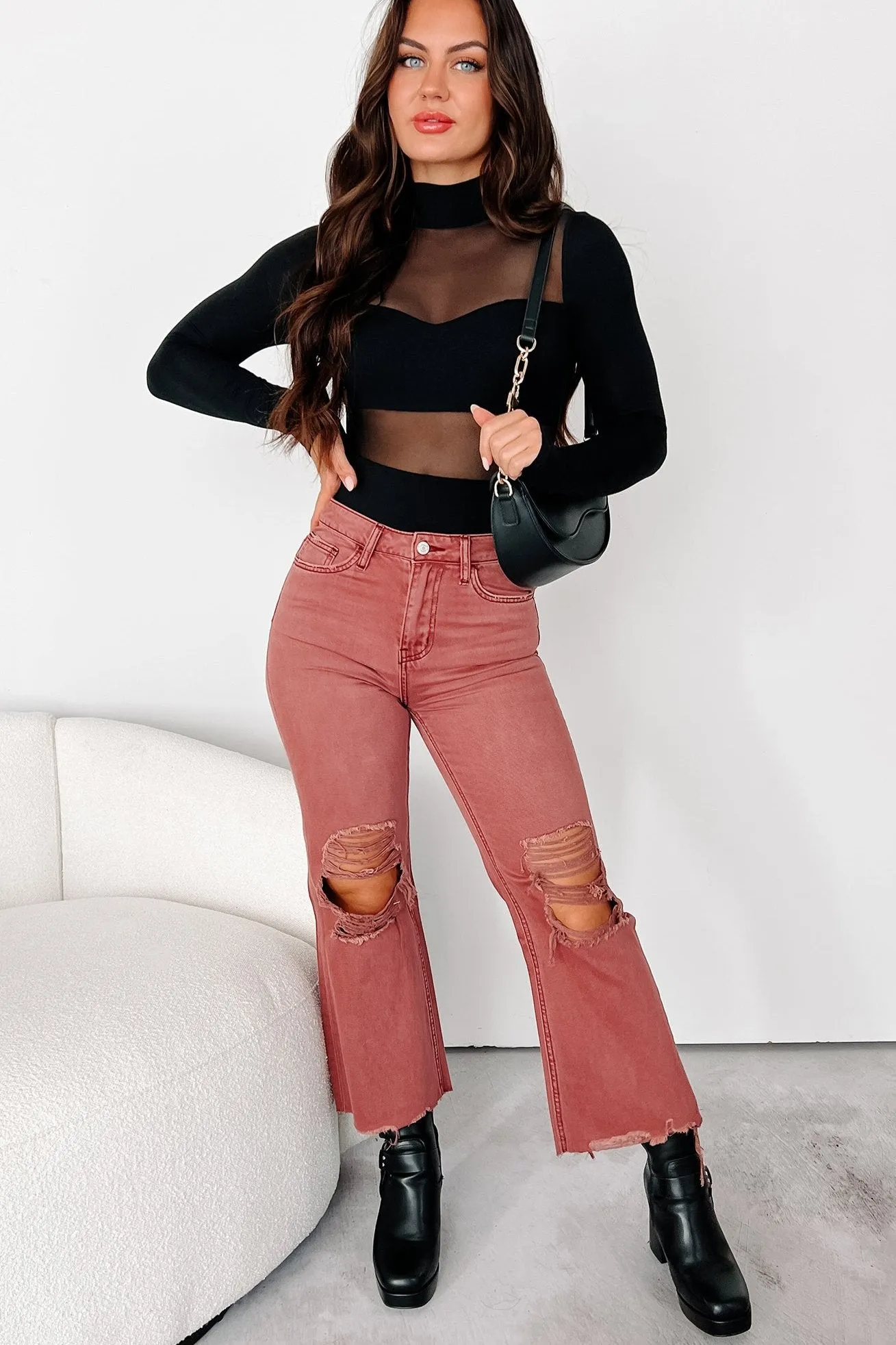 Multi-way wear Sleek Appearance Doyle High Rise 90s Vintage Vervet Crop Flare Jeans (Russet)