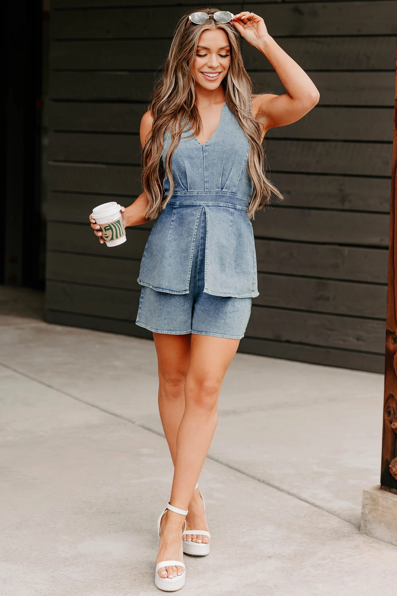 Drama In Denim Sleeveless Romper (Denim) Cold-Shoulder