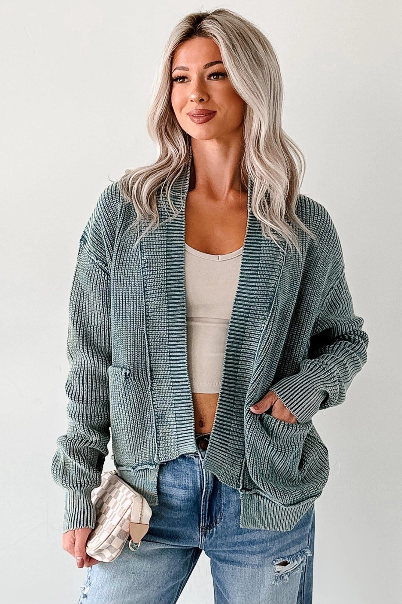 Light Deflection Fabric Stretchable Neckline Dream Wear Zenana Washed Knit Cardigan (Ash Jade)