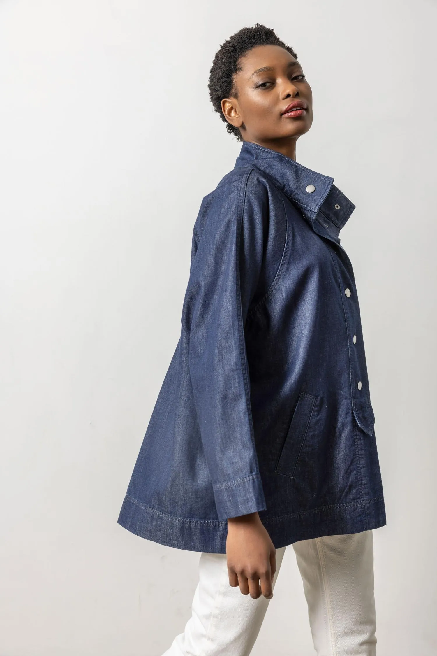 Denim Swing Jacket in Dark Wash NonChafeCollarTech Ethical production