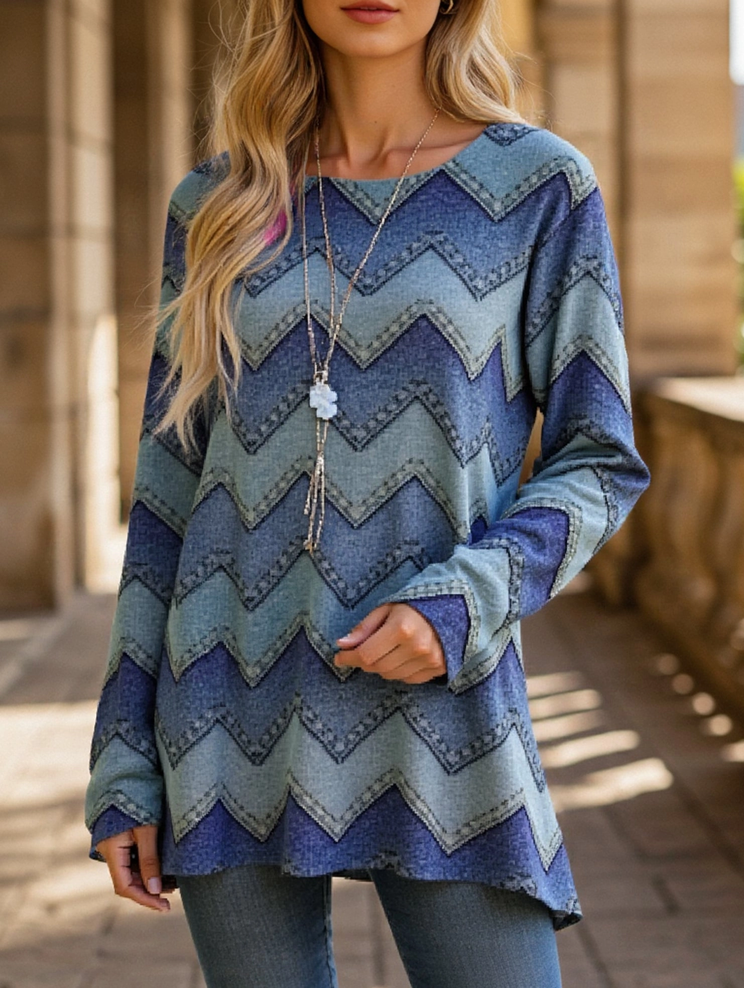 Round Neck 3D Printed Long Sleeve T-Shirt Bonded Seam Technique