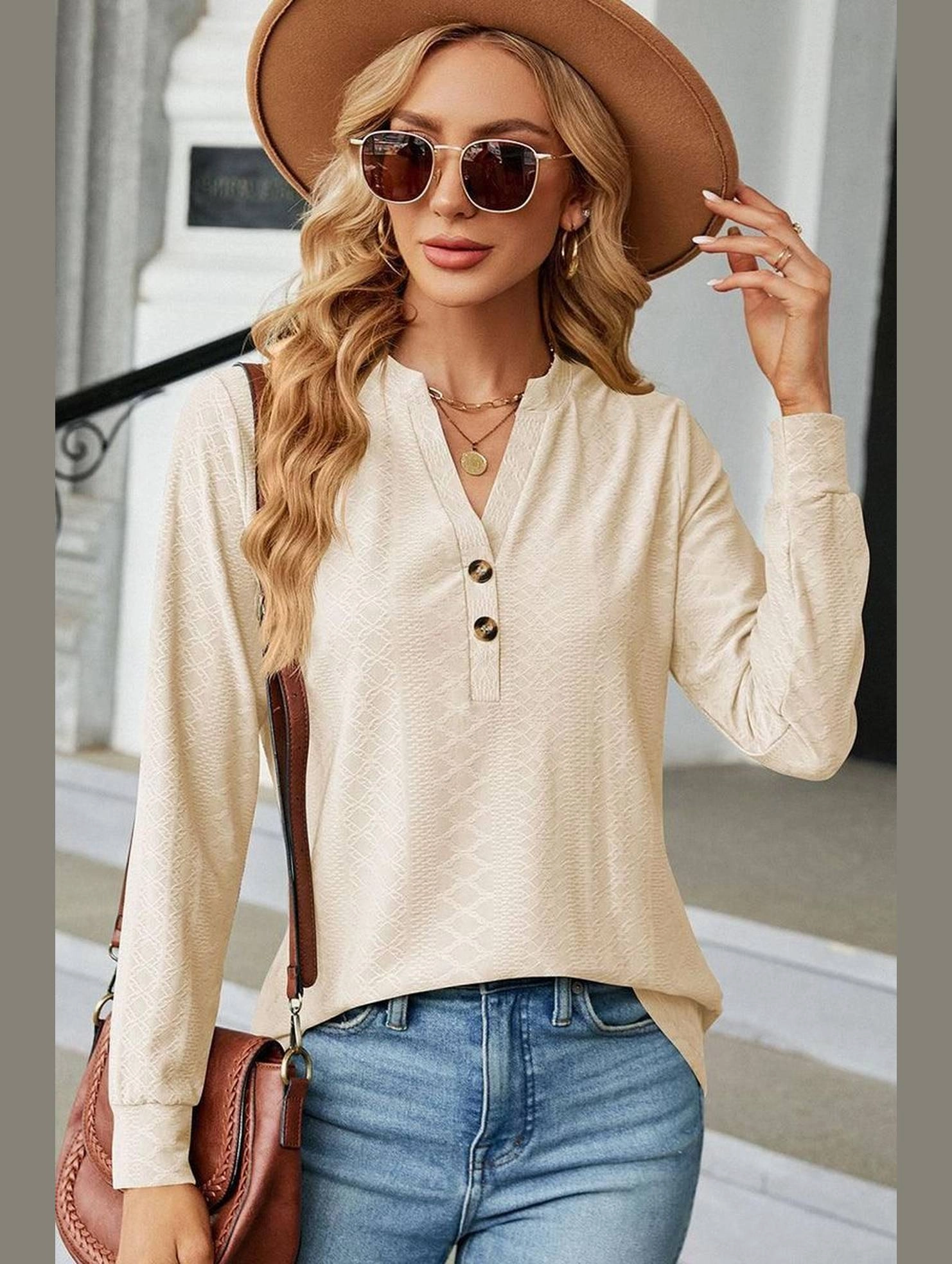 WOMEN V NECK BUTTON JACQUARD LOOSE FIT TOP Textured Weave Pattern
