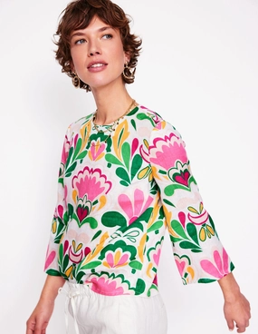 Fluted Sleeve Linen Top-Multi, Freesia Stamp QuickDry Technology Drop Shoulder Design