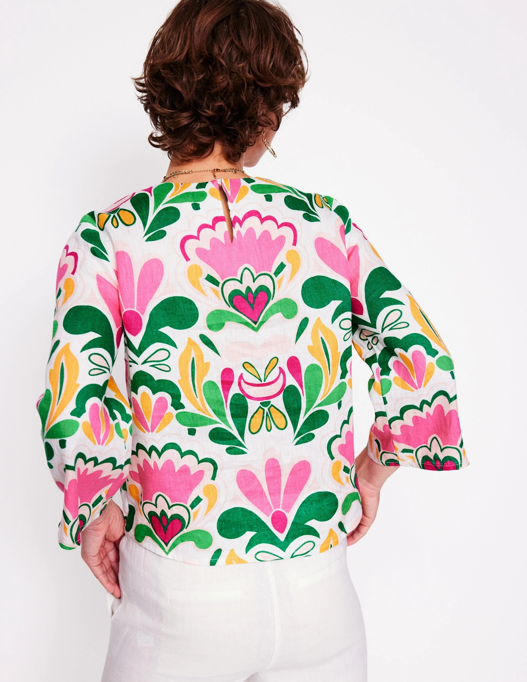 Fluted Sleeve Linen Top-Multi, Freesia Stamp Vintage Pullover