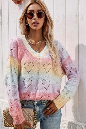 DoubleStitched Construction PRINTING RAINBOW V NECK PULLOVER SWEATER