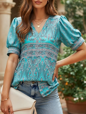 BreathableMeshPanel V-Neck Loose Short Sleeve Printed T-Shirt ??Comfortable & Trendy Casual Wear