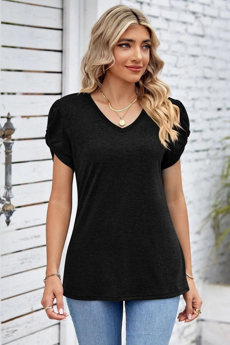 Layered Look NonRestrictive DRAPED PUFF SLEEVE WOMEN DAILY T SHIRTS