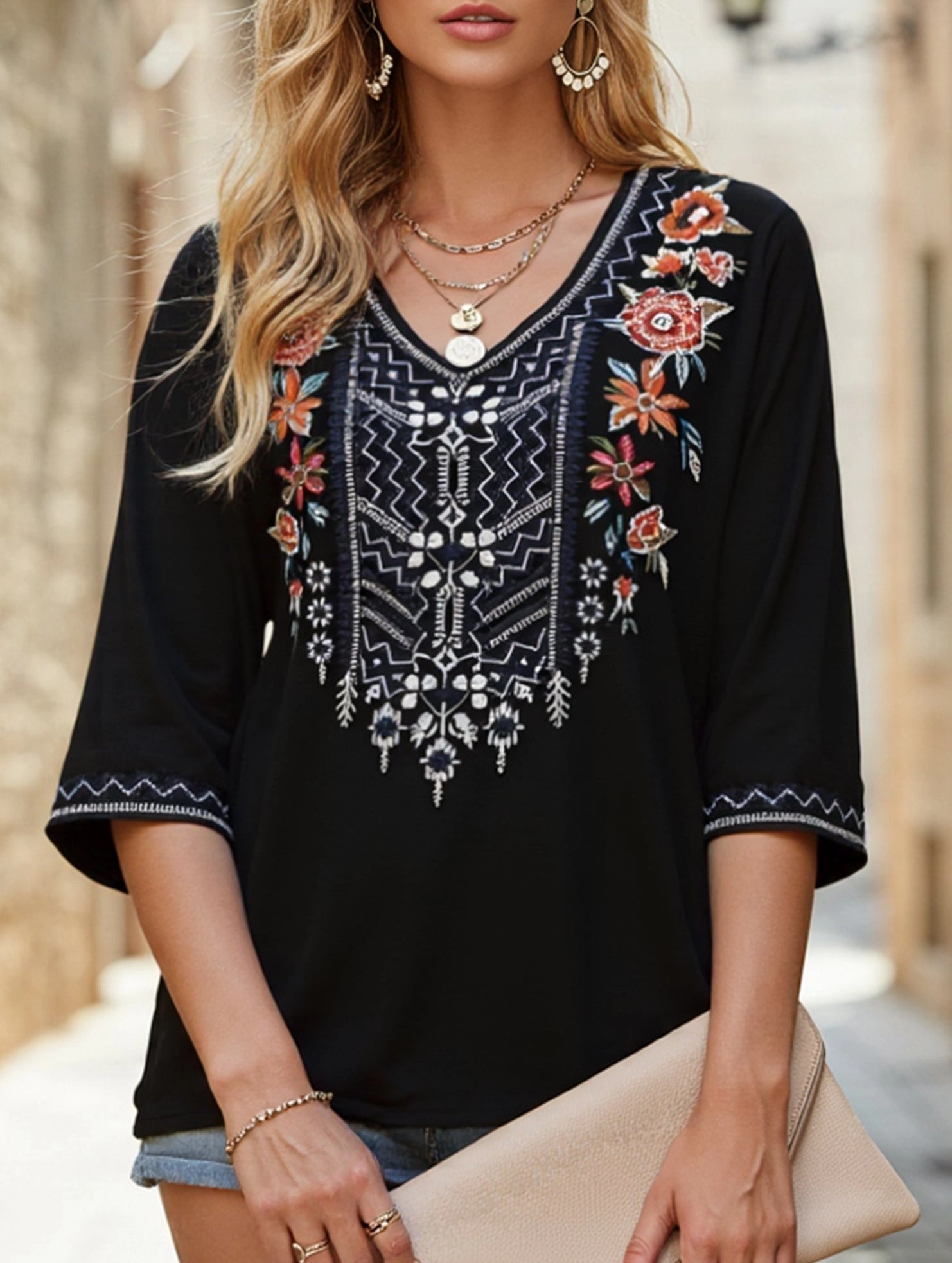 Cotton V-Neck Plus Size Embroidered Blouse | Black and Brown Stretch Fit Engineering