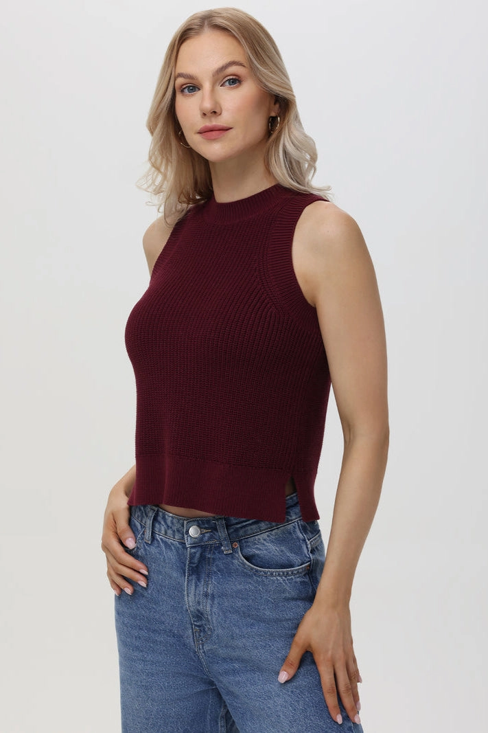 Demi High Crewneck Cotton Tank in Oxblood Simple Cut Sleeveless Tee