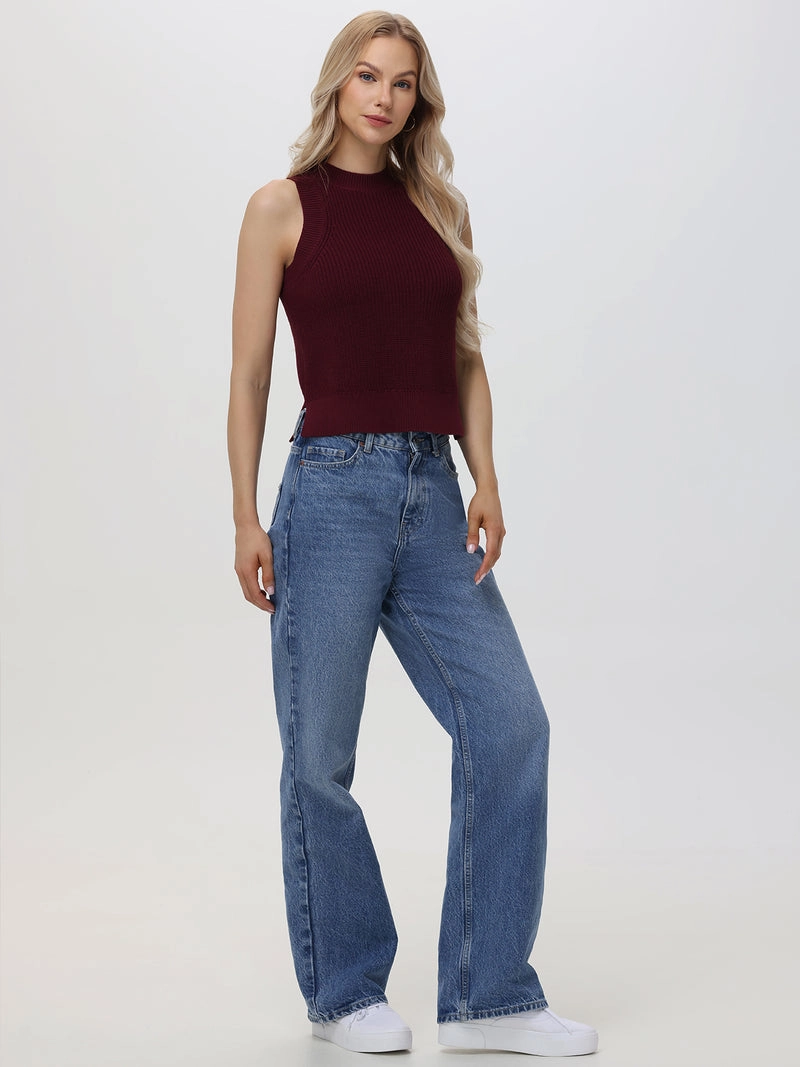 MeshPanelIntegration CompressionSupportWeave Demi High Crewneck Cotton Tank in Oxblood