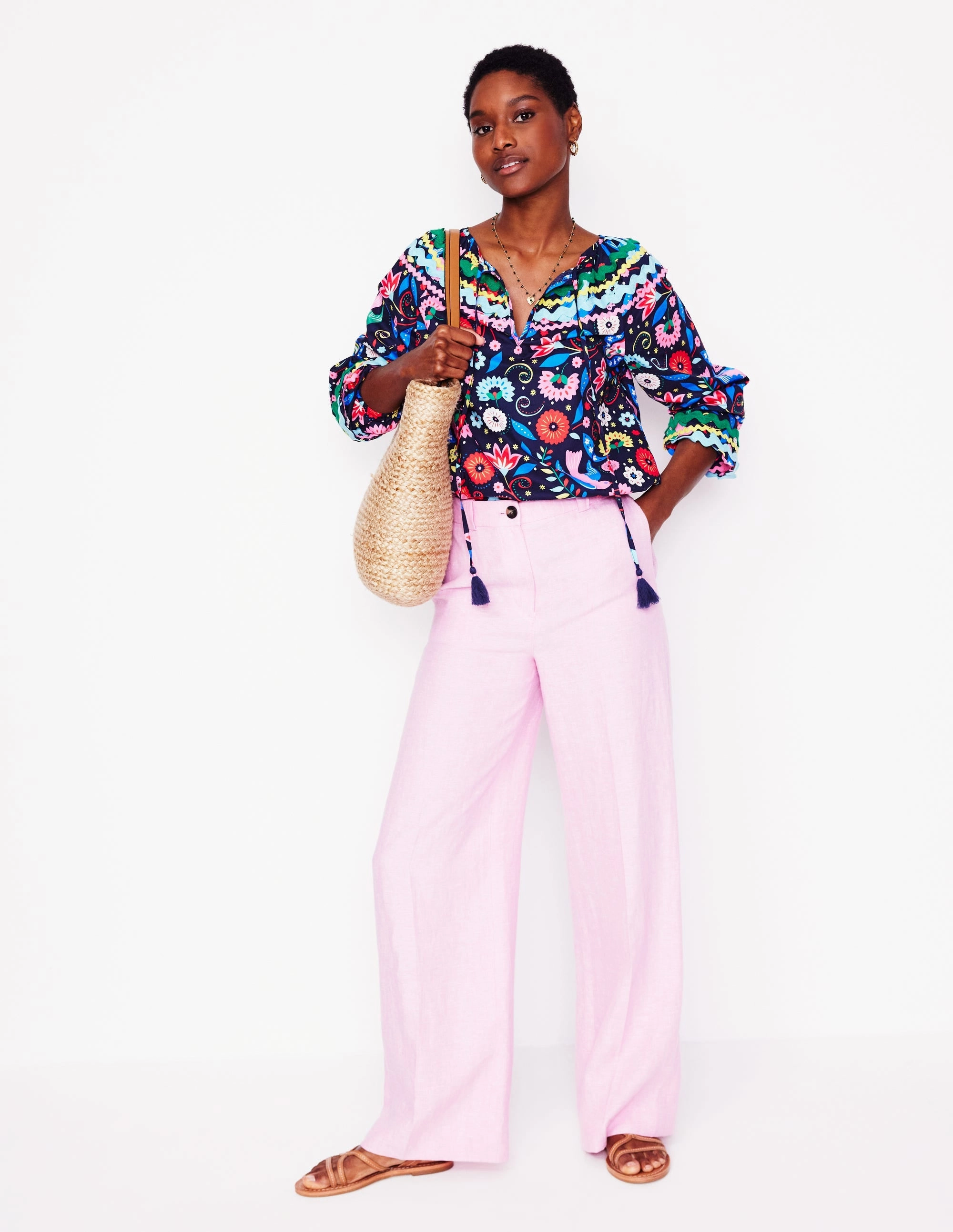 Smocked Cotton Blouse-French Navy, Decorative Garden AntiPillingTechnology ReflectiveTrims