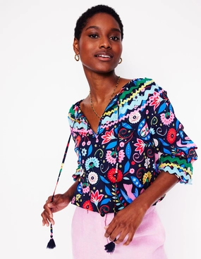 Smocked Cotton Blouse-French Navy, Decorative Garden Petal Sleeve Architecture Comfy Cardigan