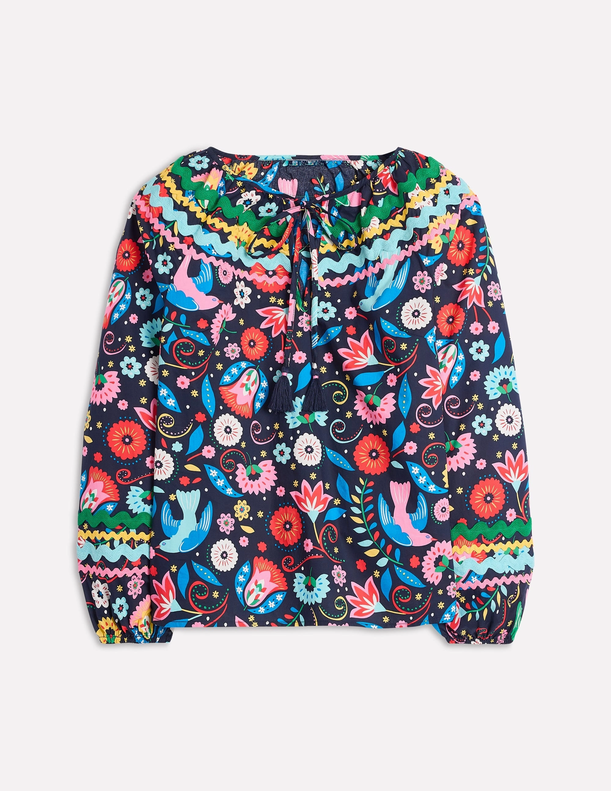 Microfiber texture Friction Reducing Finish Smocked Cotton Blouse-French Navy, Decorative Garden