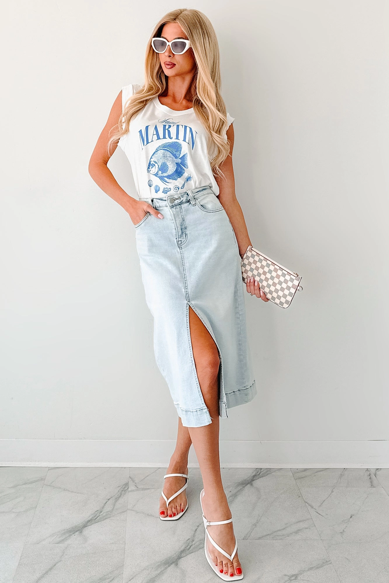 Hot Weather AbrasionResistant Finish Skirtin' Around High Rise Denim Midi Skirt (Light)