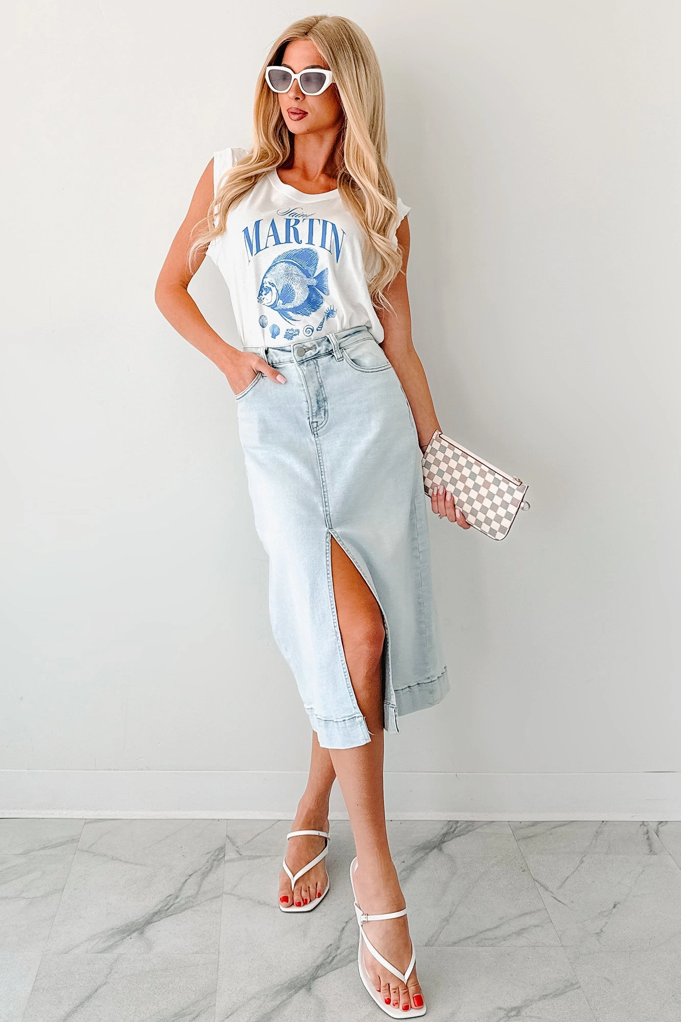 WindproofLayer Basic Style Skirtin' Around High Rise Denim Midi Skirt (Light)