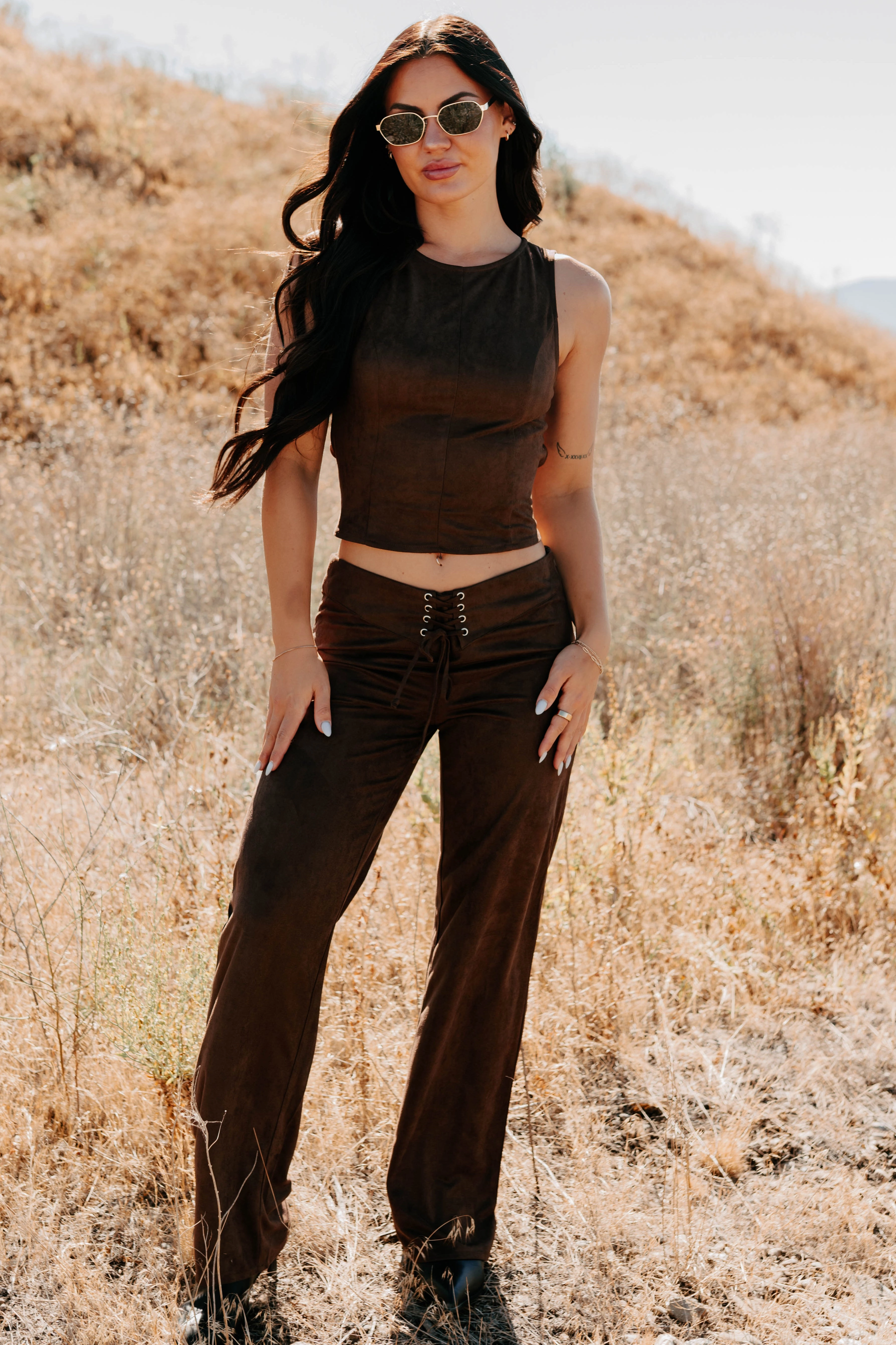 Unmatched Charm Lace-Up Suede Pants (Brown) EcoFriendly Dye Process