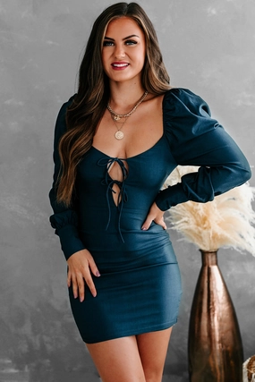 The Editorial Tie-Front Long Sleeve Bodycon Dress (Dark Teal) Butter Soft Handfeel NoiseReduciting Zipper