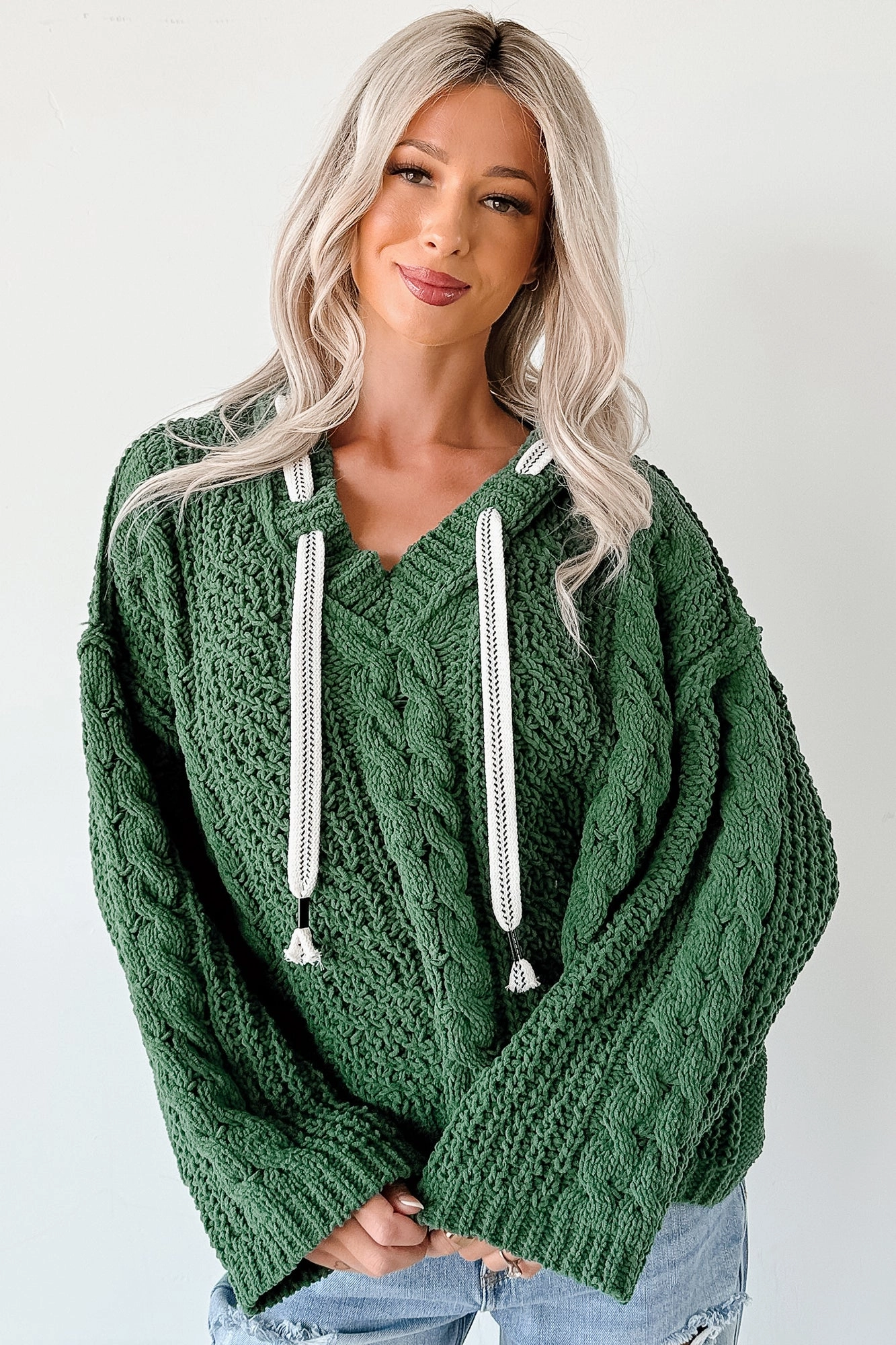 Total Ease Zenana Cable Knit Sweater Hoodie (Dark Green) VentilatedBackPanel