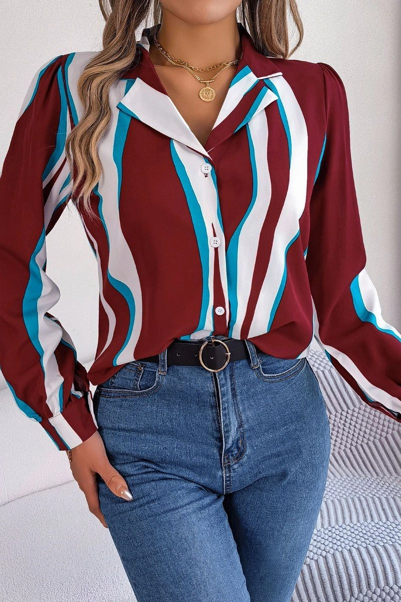 WOMEN STRIPE PATTERNED BUTTON DOWN OFFICE BLOUSE TwoToneEffect