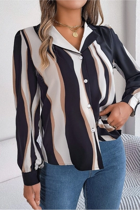 Temperature control HighElasticity Thread WOMEN STRIPE PATTERNED BUTTON DOWN OFFICE BLOUSE