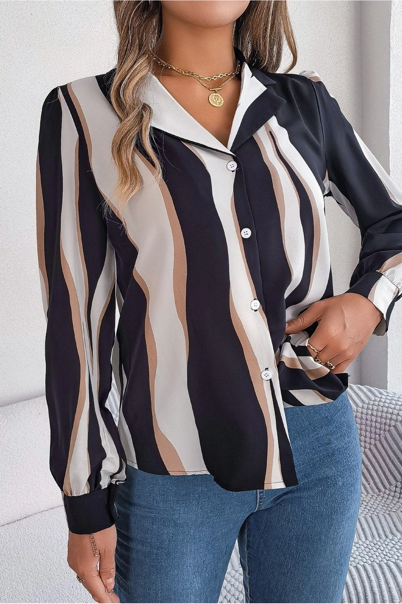 WOMEN STRIPE PATTERNED BUTTON DOWN OFFICE BLOUSE Slim Fit Shirt