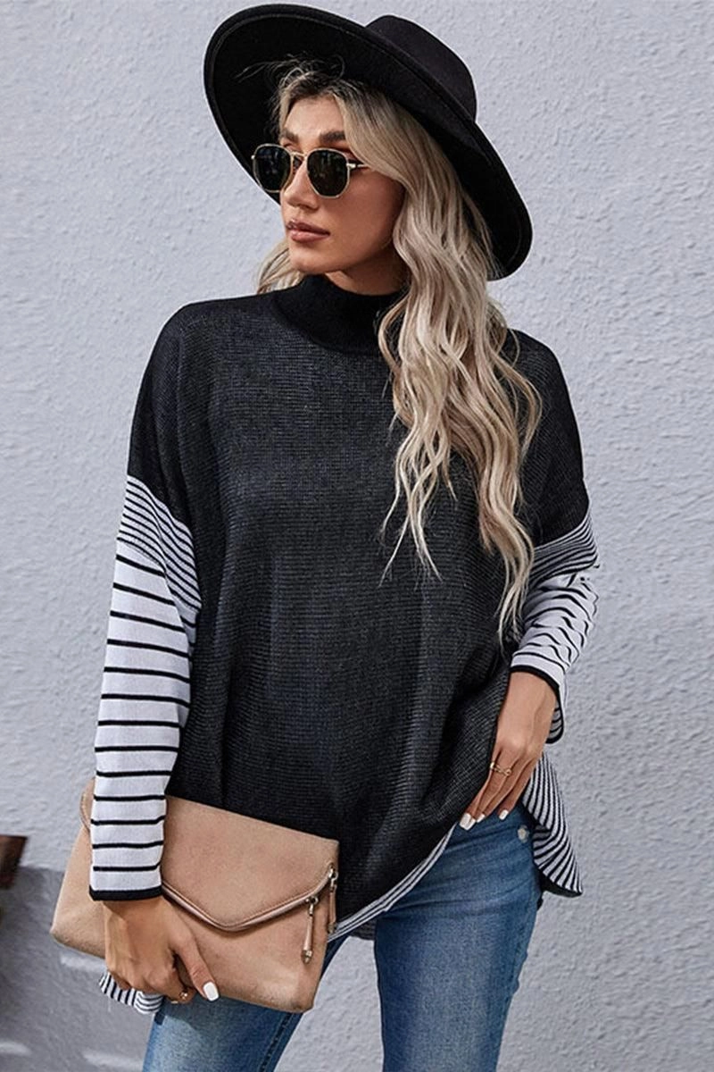 STRIPED SLEEVE HIGH NECK LOOSE FIT CASUAL SWEATER Ribbed Collar Design Modular Layering System