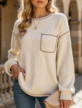 Pitted Strip Brushed Crewneck Pocket Casual Shirt Soft Knit Flexible Knit Fabric