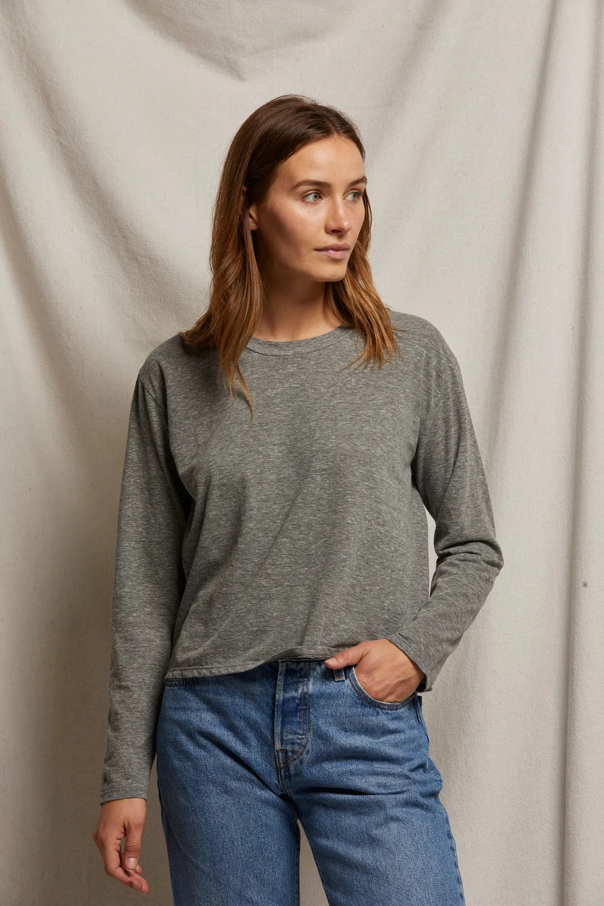 Axel Long Sleeve Boxy Crew Tee in Heather Grey Placket Detailing