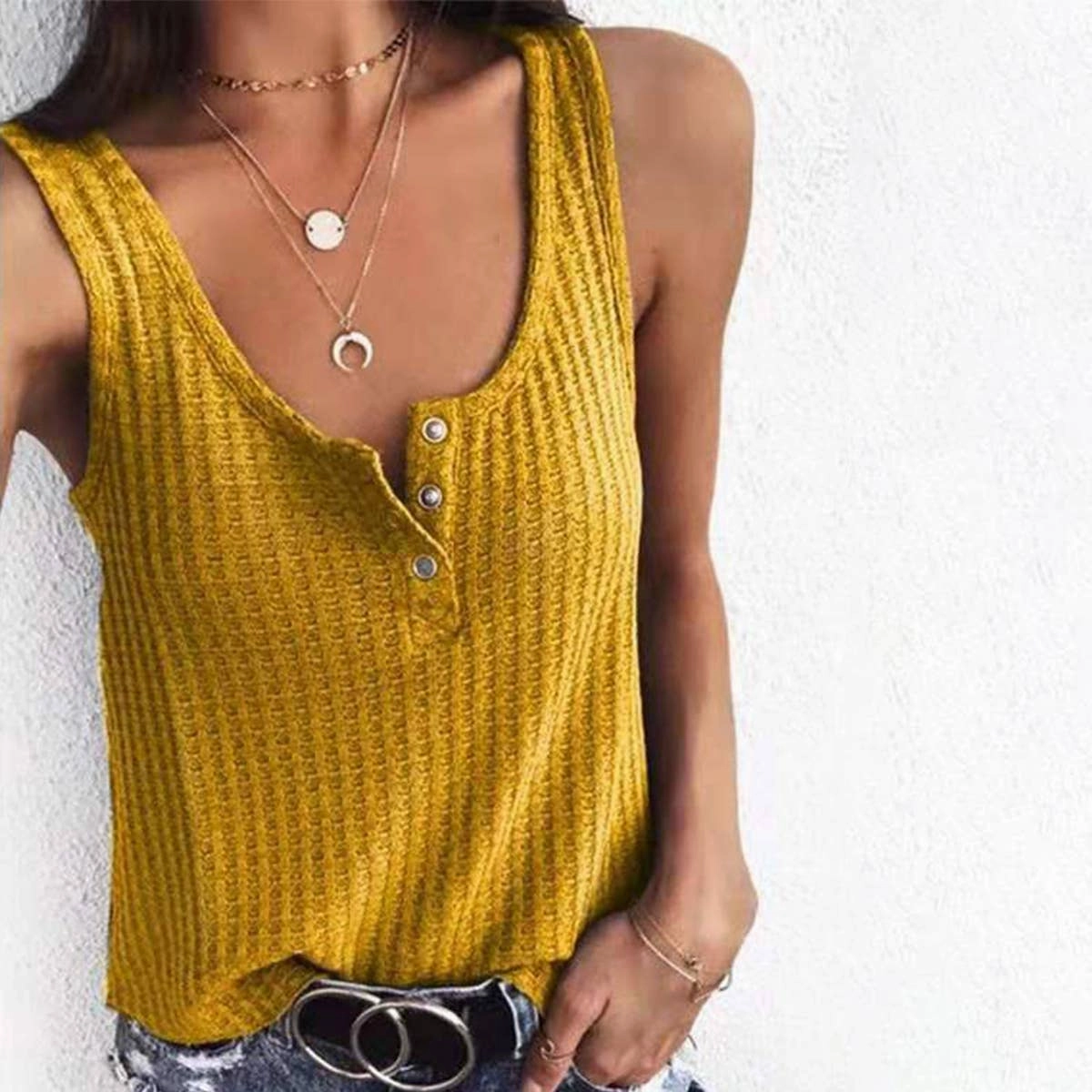 EthicallySourced BUTTON-DOWN U-NECK SLEEVELESS VEST BLOUSE_CWOV0247