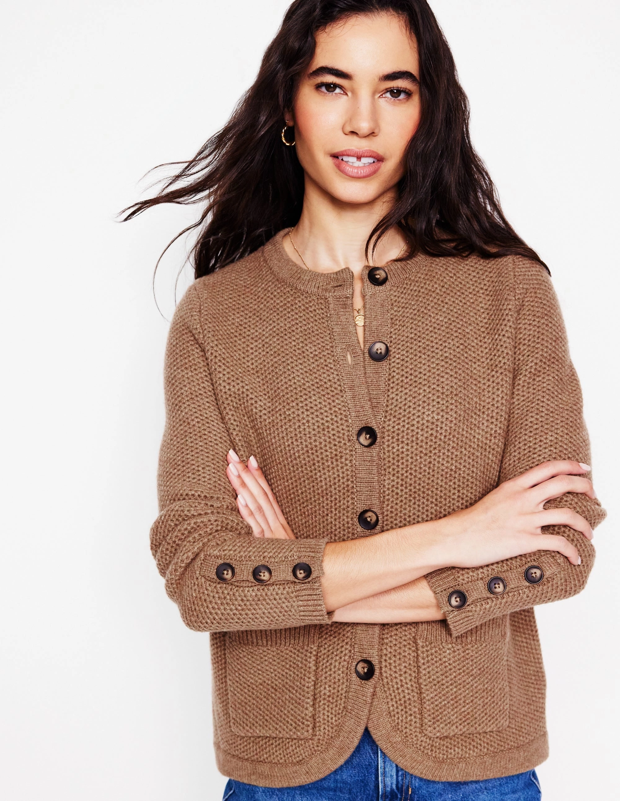 Cable Stitch Textured Stitch Cardigan-Praline Brown