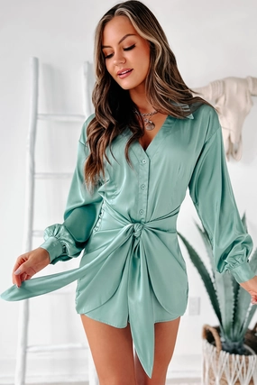 Delighted Feeling Tie-Waist Satin Romper (Seafoam Green) AbrasionResistantEdging