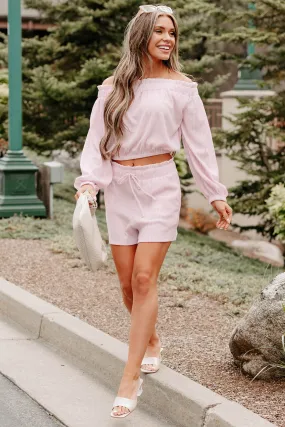 Comfy Layers Sweat Resistant Fabric Warm Wishes Striped Off The Shoulder Shorts Set (Pink/White)