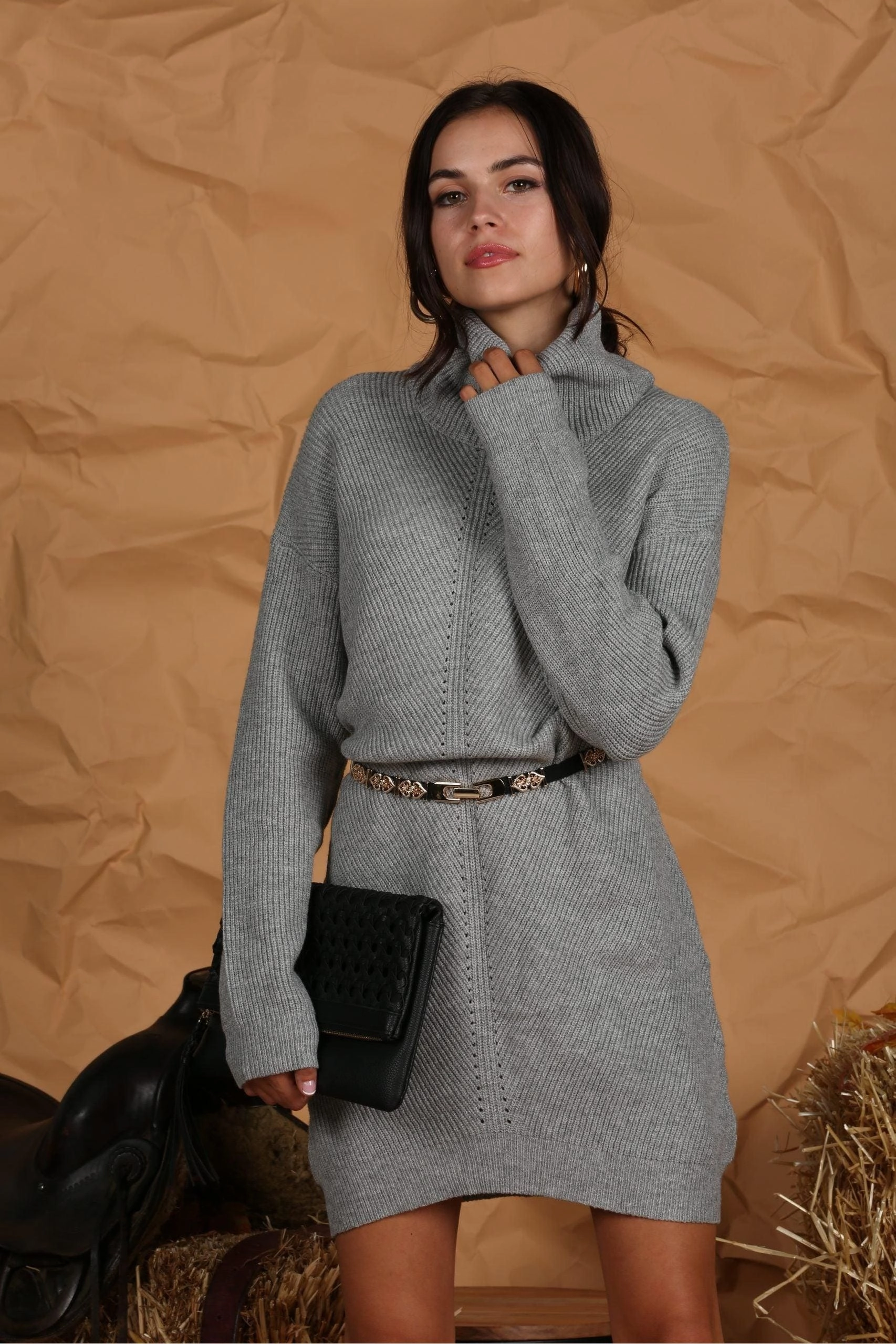 Elegant Look TURTLE NECK MIDI KNIT SWEAT DRESS
