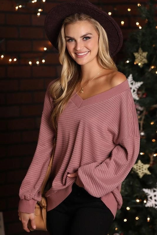 V NECK LONG SLEEVE WAFFLE KNIT TOP Quick-Dry Fabric Double Faced Jersey Knit