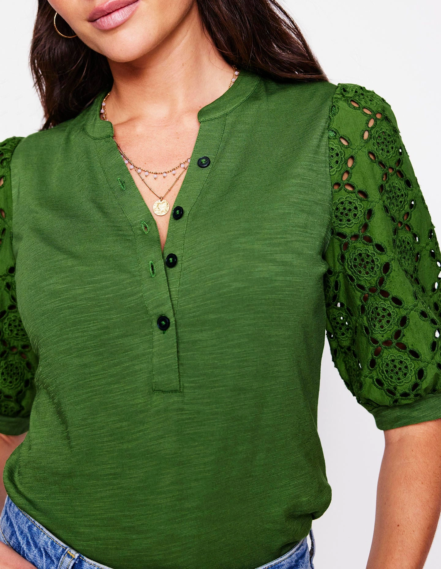 Eden Puff Sleeve Henley Top-Promenade Green EasyCare Fabric