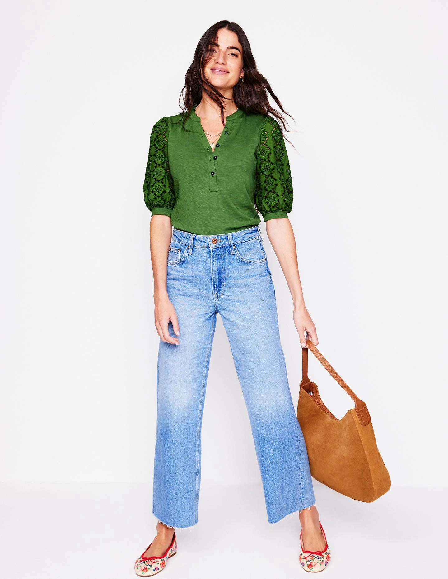 Eden Puff Sleeve Henley Top-Promenade Green Tailored Silhouette Sporty Top