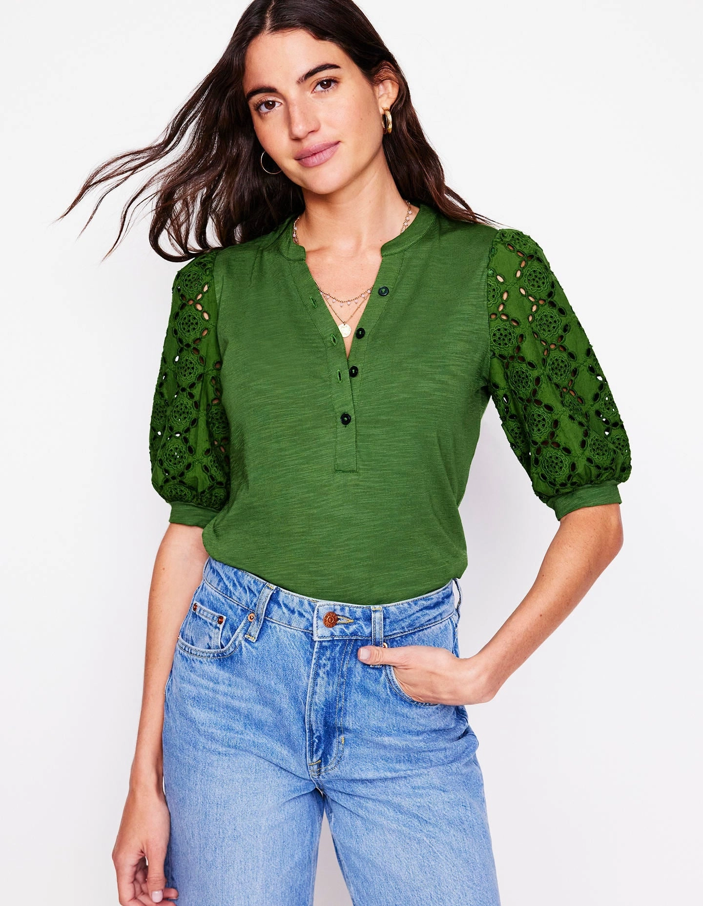 AntiStaticFinish AntiPillingTreatment Eden Puff Sleeve Henley Top-Promenade Green