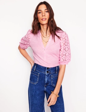 Eden Puff Sleeve Henley Top-Soft Pink High Neckline Structure