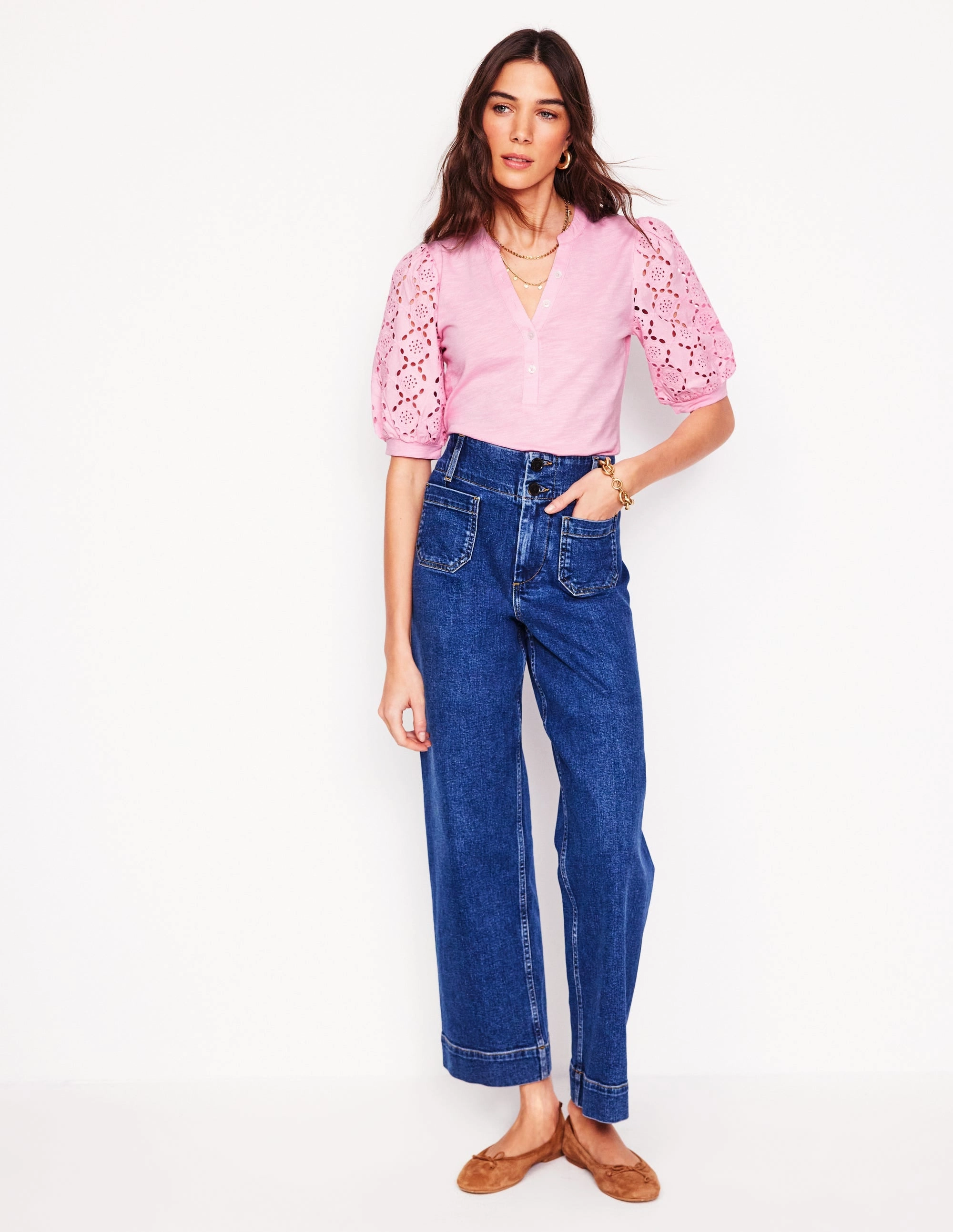 TwillWeave Breathable Hoodie Eden Puff Sleeve Henley Top-Soft Pink